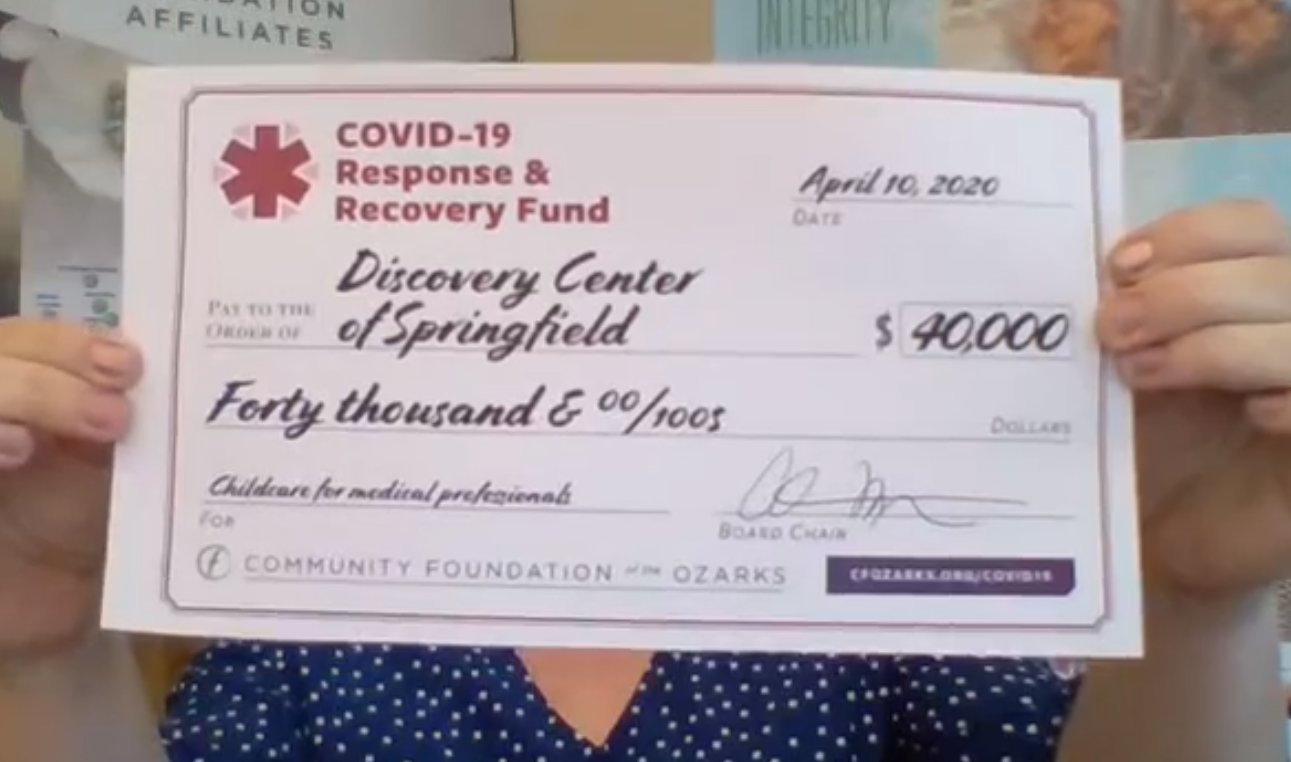 CFO's Bridget Dierks announces a $40,000 donation to the Discovery Center during an April 10 virtual grant presentation.